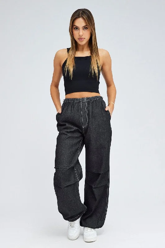 Black Parachute Denim Jean Elastic Waist Trendy Skinny High-Waist Jeans