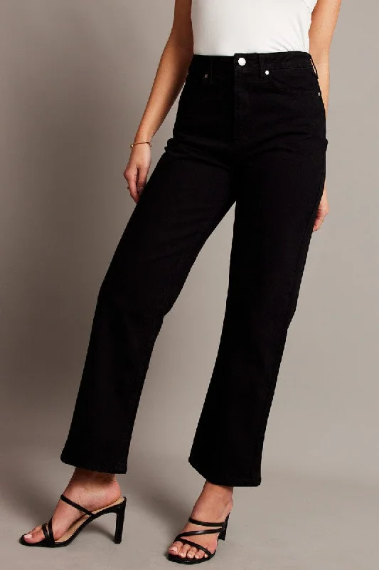 Black Straight Jean Mid Rise Classic Blue Denim Jeans