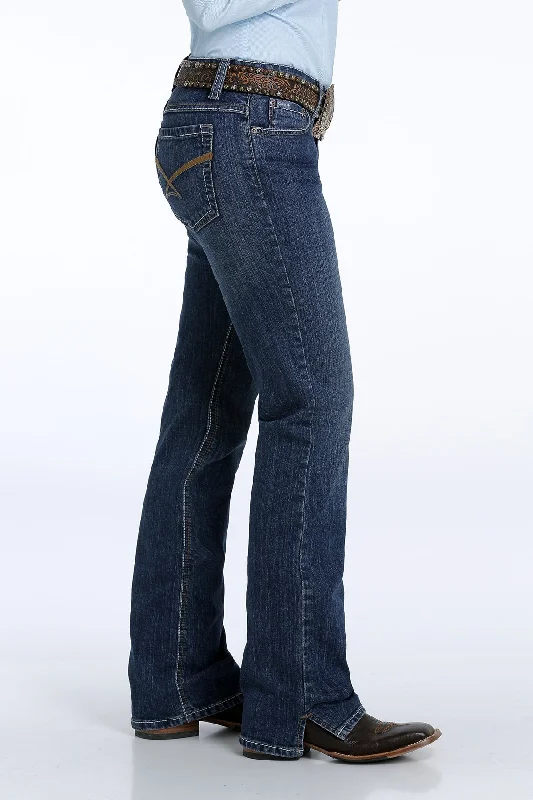 Cinch Women’s Kylie II Dark Stonewash Boot Cut Jeans Stylish Shredded Denim Jeans