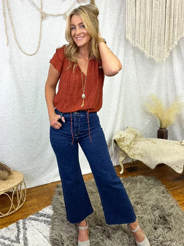 Dark Wash High Rise Wide Leg Cropped Denim Jean Classic Button Fly Jeans