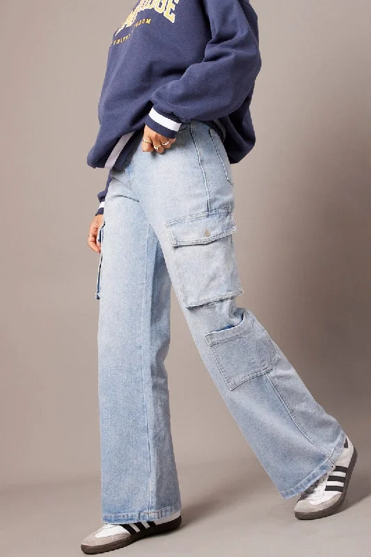 Denim Cargo Jean Mid Rise Casual Bootcut Ripped Jeans