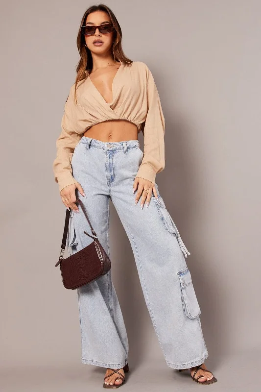 Denim Cargo Jean Mid Rise Fashionable Frayed Hem Denim