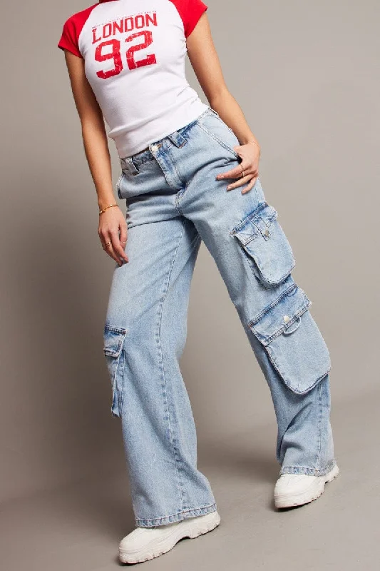 Denim Cargo Jean Mid Rise Stylish Stone-Wash Denim Jeans