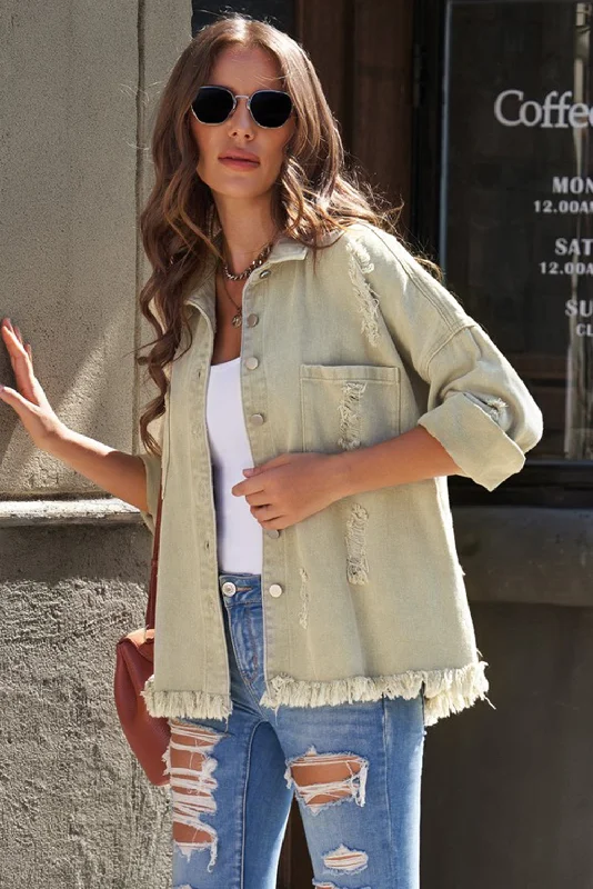 Long Sleeve Button-down Denim Jean Jacket Fashionable Distressed Jeans