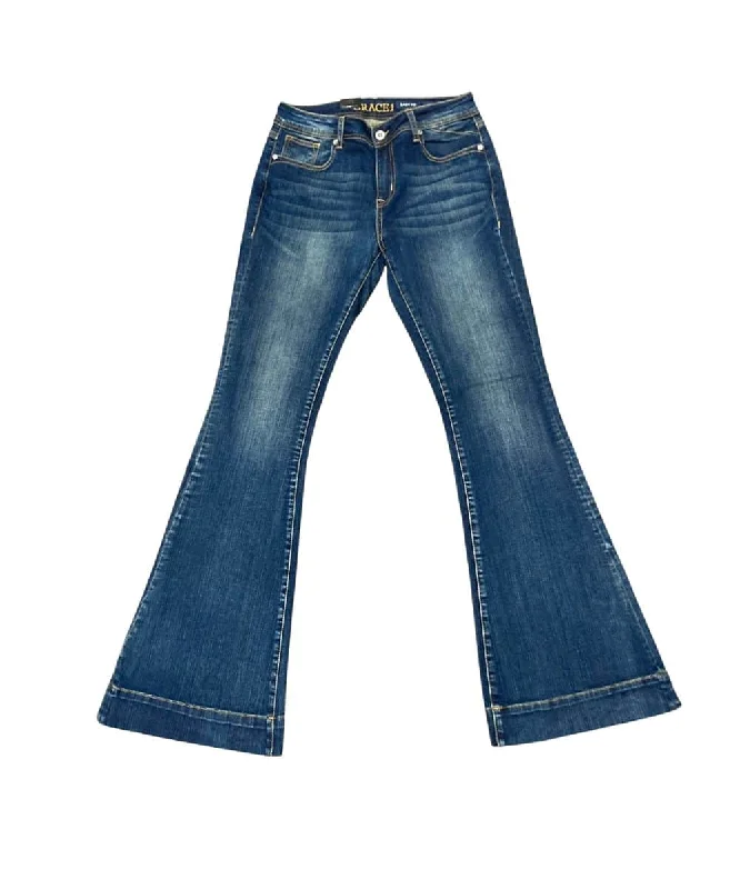 Grace In LA Women’s High Rise Flare Jean Comfortable Zip-Fly Denim Jeans