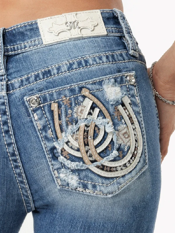 Miss Me M9303B Womens Horseshoe Bootcut Jean Neutral Blues Trendy Wide-Leg High-Waist Denim