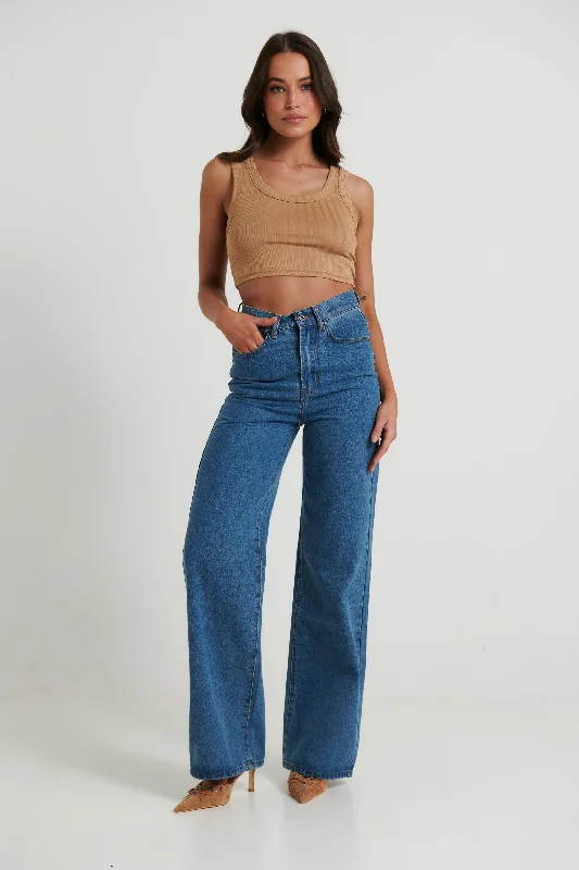 Ophelia Jean Dark Blue Trendy Pleated Waist Jeans