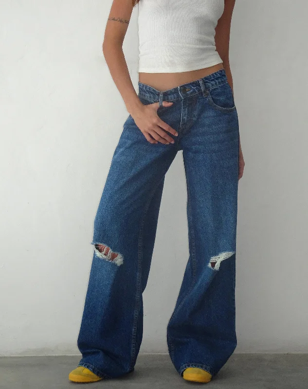 Ripped Roomy Extra Wide Low Rise Jean in Mid Blue Used Comfortable Low-Rise Jeans