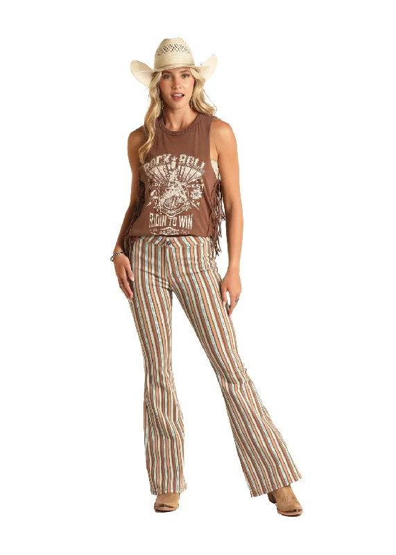 Rock & Roll Denim High Rise Extra Stretch Striped Flare Jean Trendy Layered Pocket Jeans