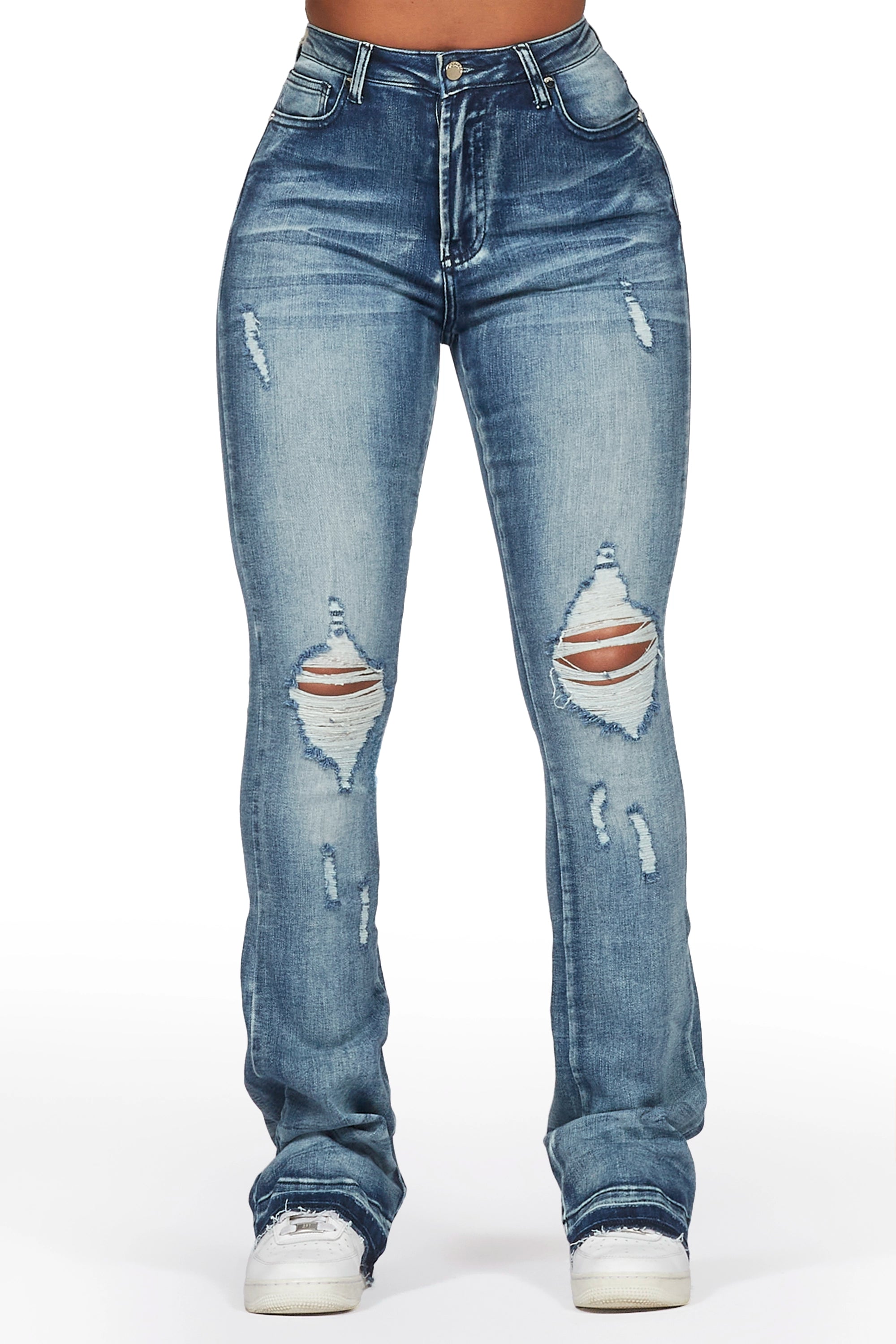 Leilany Dark Wash Stacked Flare Jean Trendy Colored Denim Jeans