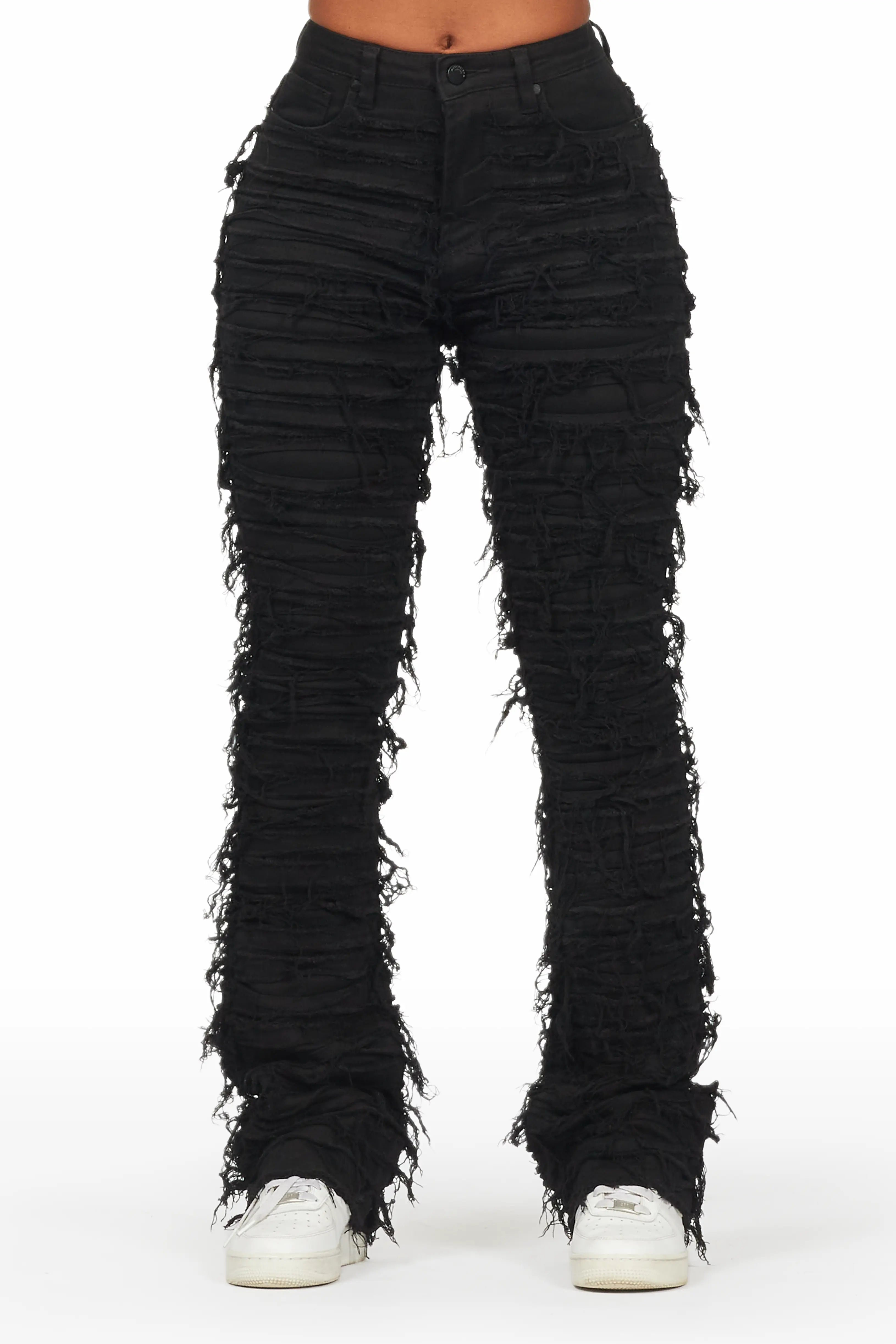 Melany Black Stacked Flared Jean Cozy Stretch High-Waist Jeans