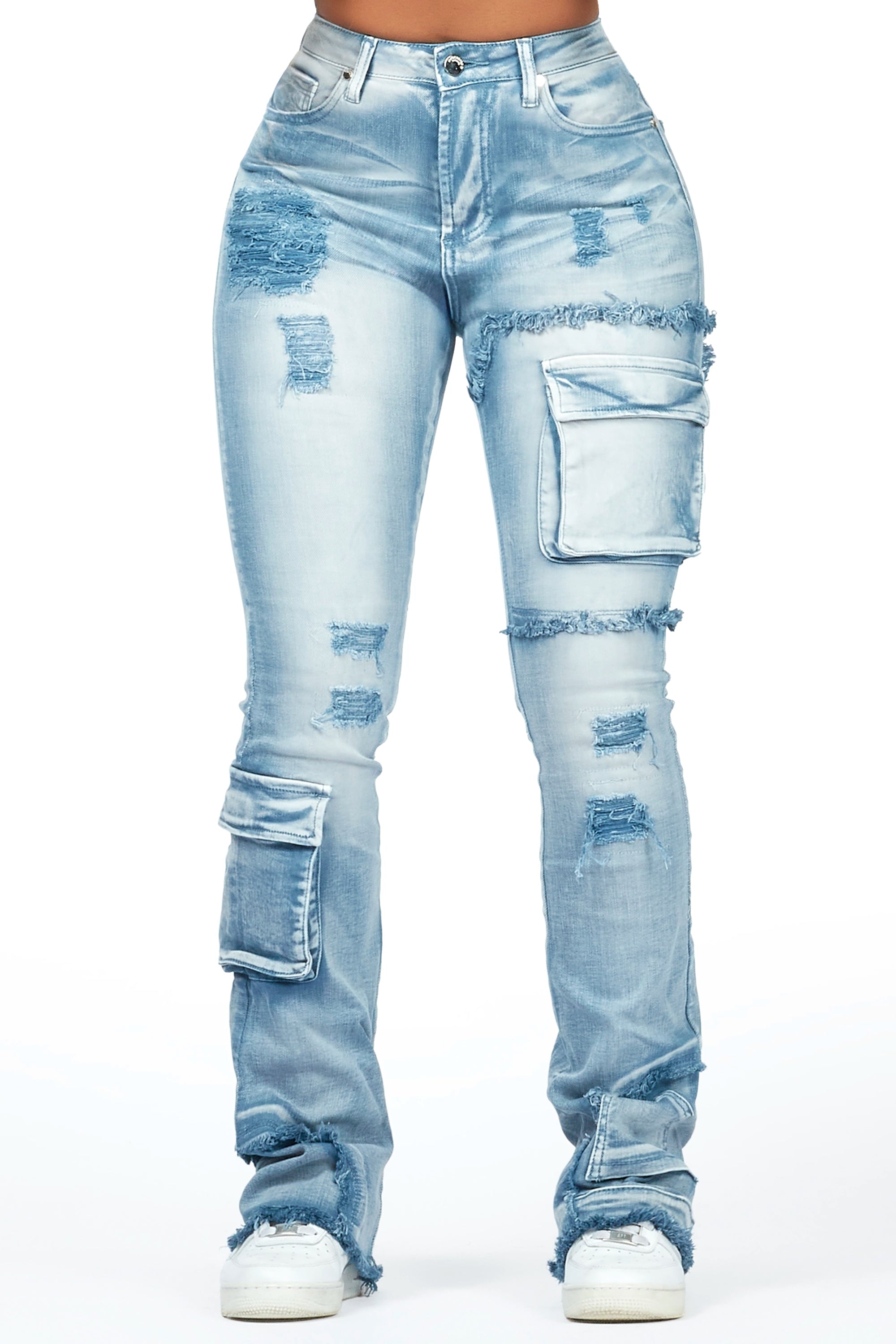 Kambry Blue Stacked Flare Jean Trendy Low-Rise Slim Jeans