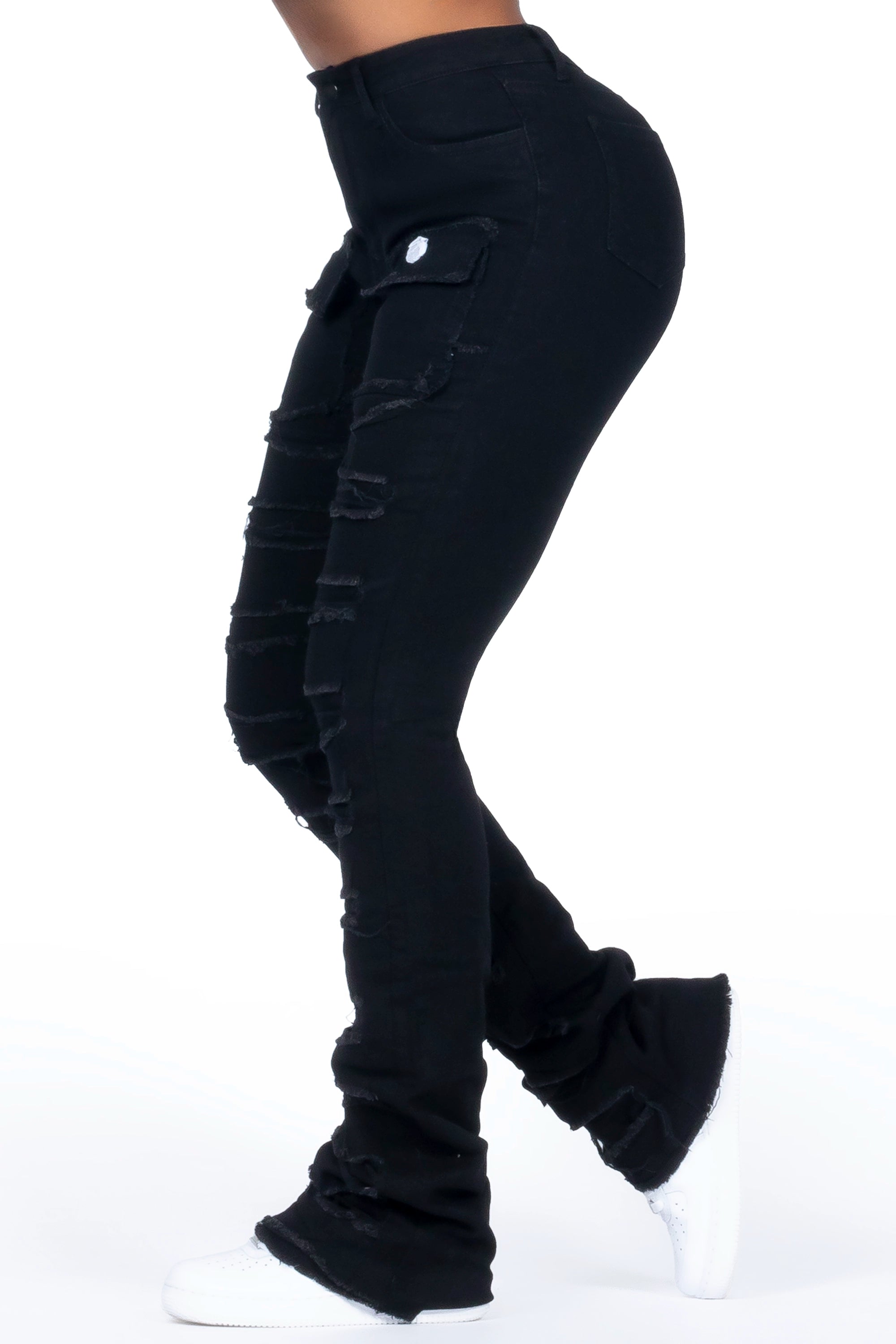 Tonea Black Stacked Flare Jean Fashionable Straight Cut Jeans