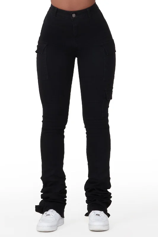 Vixen Black Cargo Super Stacked Jean Trendy Button-Up High-Waist Jeans