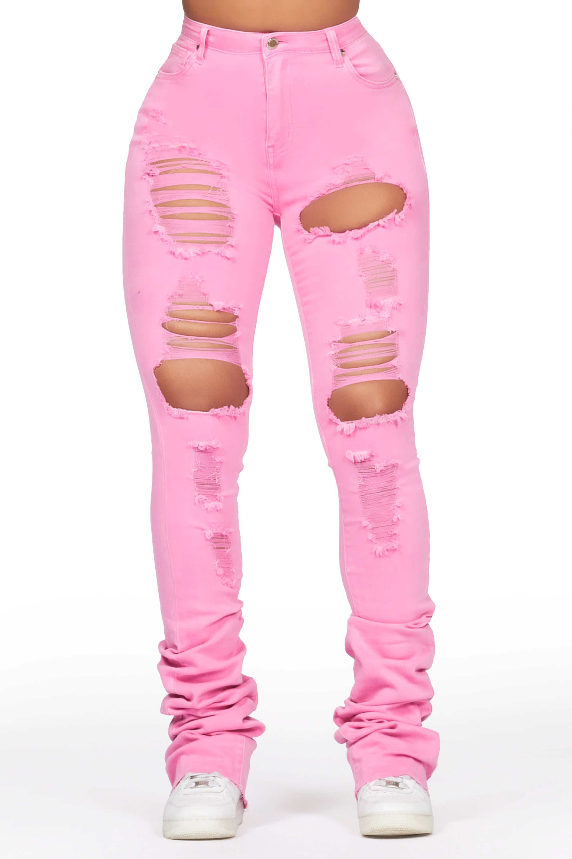 Lovin' Pink Distressed Super Stacked Jean Fashionable Mom Jeans