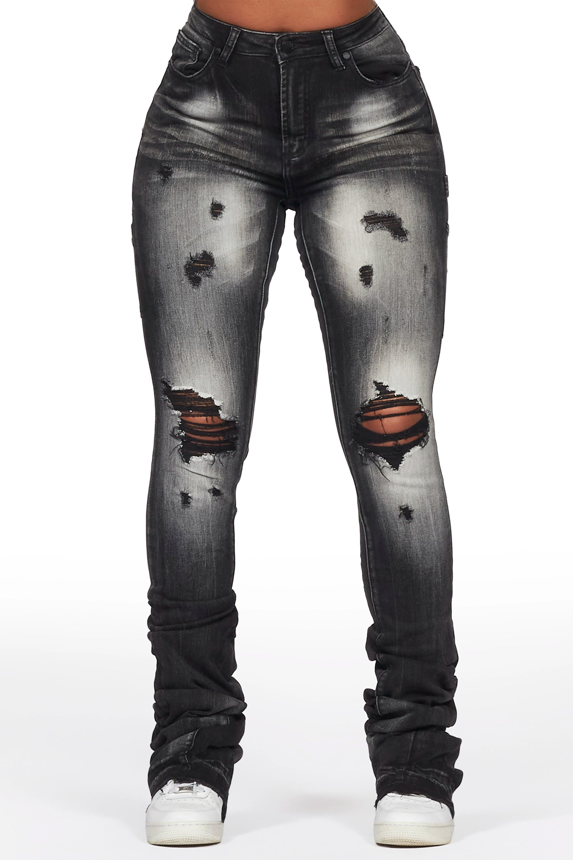 Ashlee Grey Wash Super Stacked Jean Elegant Raw Hem Jeans