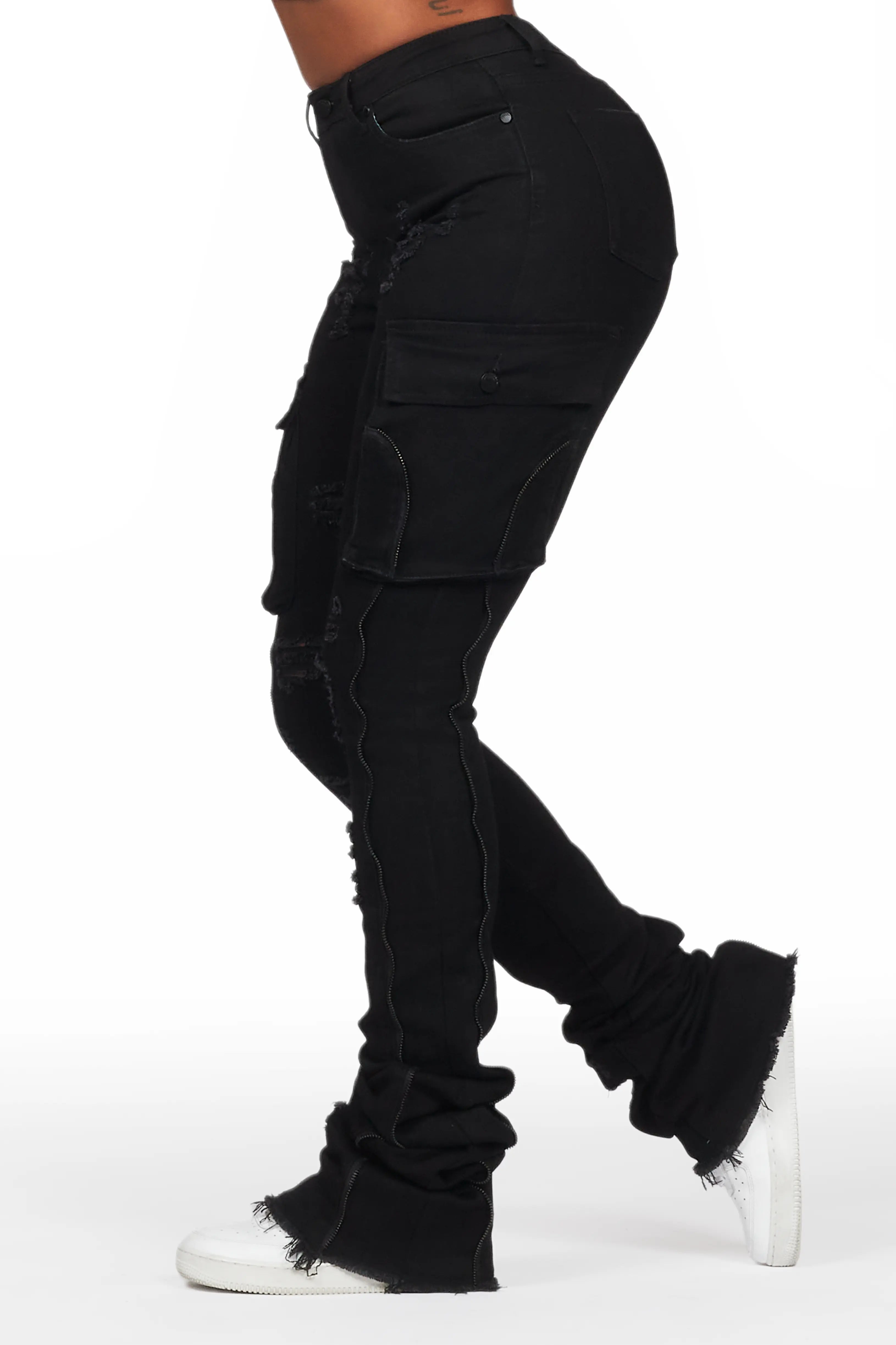 Shanita Black Super Stacked Jean Elegant Raw Hem Jeans