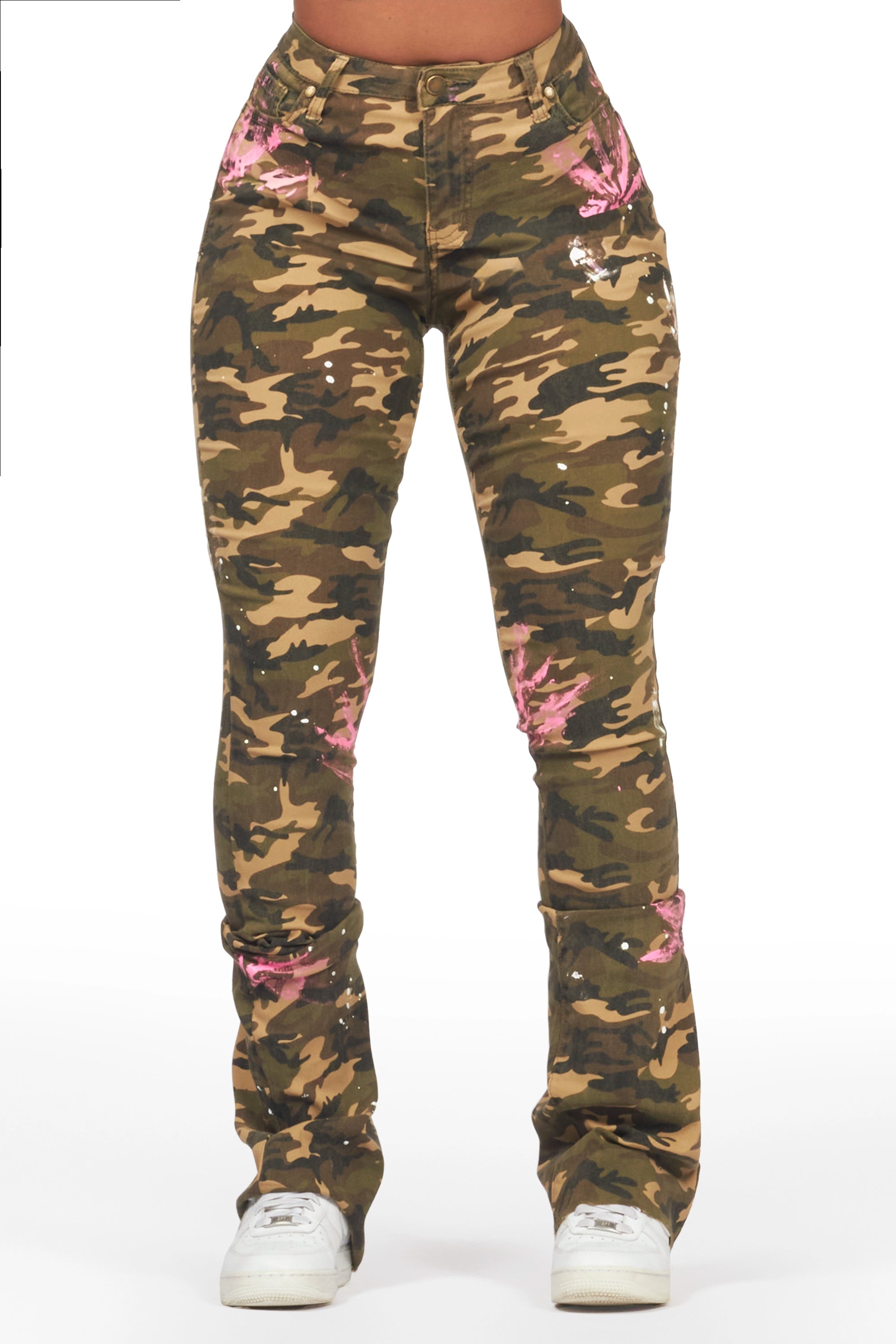 Daishia Camo Painted Super Stacked Jean Elegant Bootcut Fit Jeans