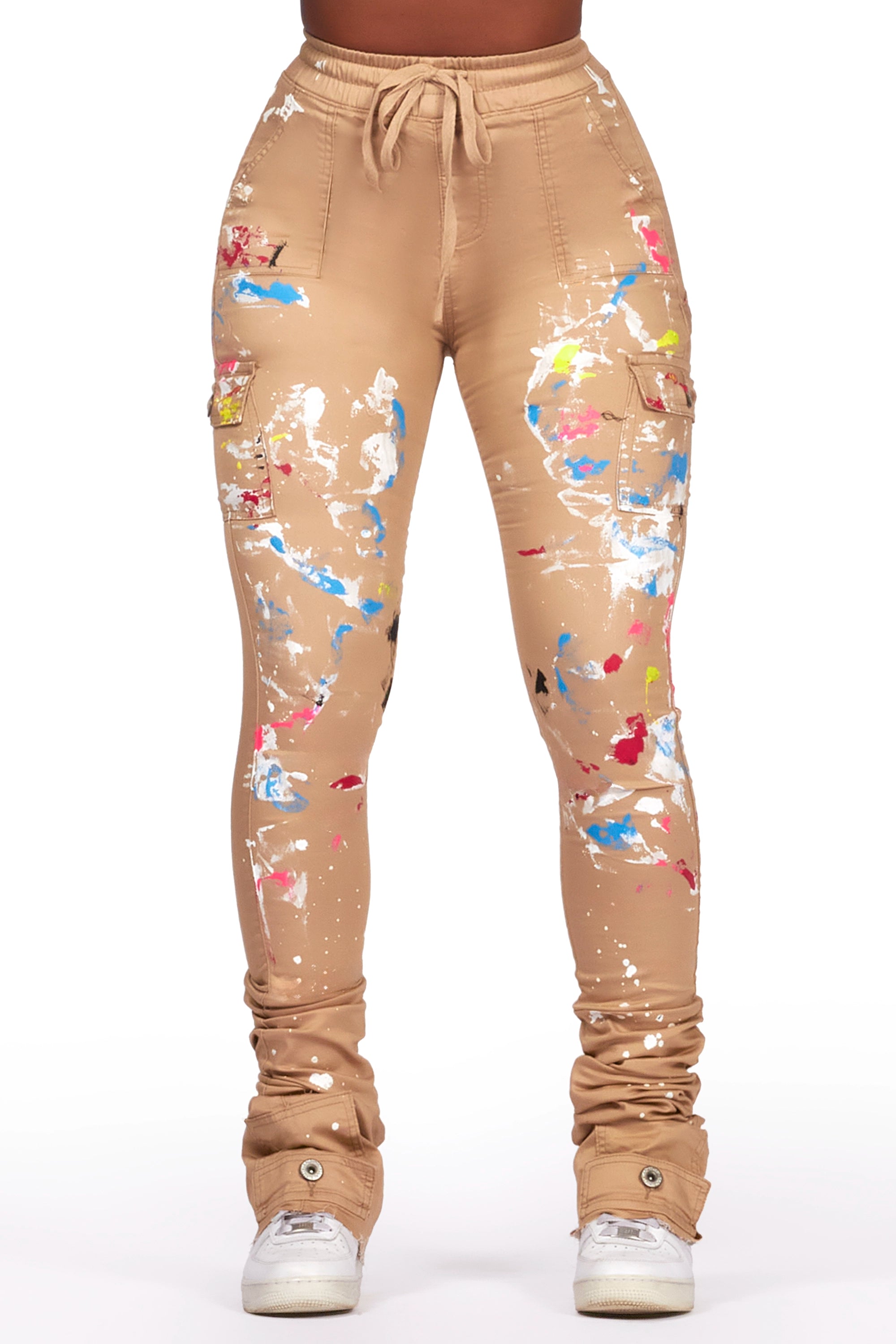 Sareeta Tan Painted Super Stacked Jean Elegant High-Waisted Flared Jeans