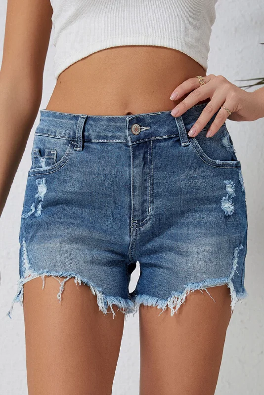 Sky Blue Distressed Raw Edge Jean Shorts Stylish Relaxed Fit Skinny Jeans