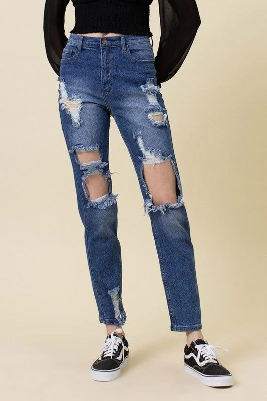 Vibrant MIU High Rise Distressed Mom Jean Comfortable Stretch Fit Jeans