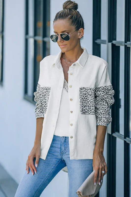 Long Sleeve Button-down Leopard Print White Denim Jean Jacket Trendy Skinny High-Waist Jeans