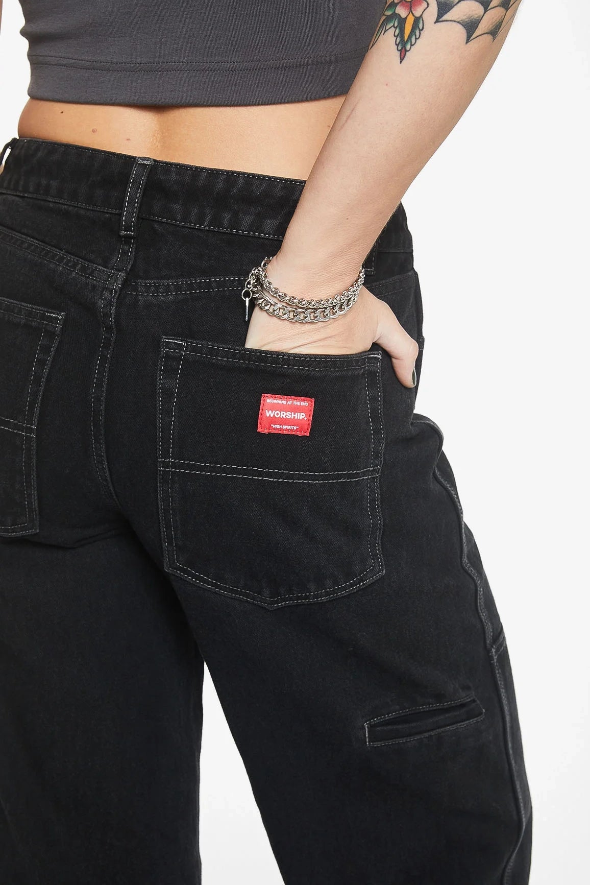WORSHIP SUPPLIES DOUBLE KNEE SLOUCHER JEAN - BROKEN BLACK Trendy Cut-Off Denim Shorts