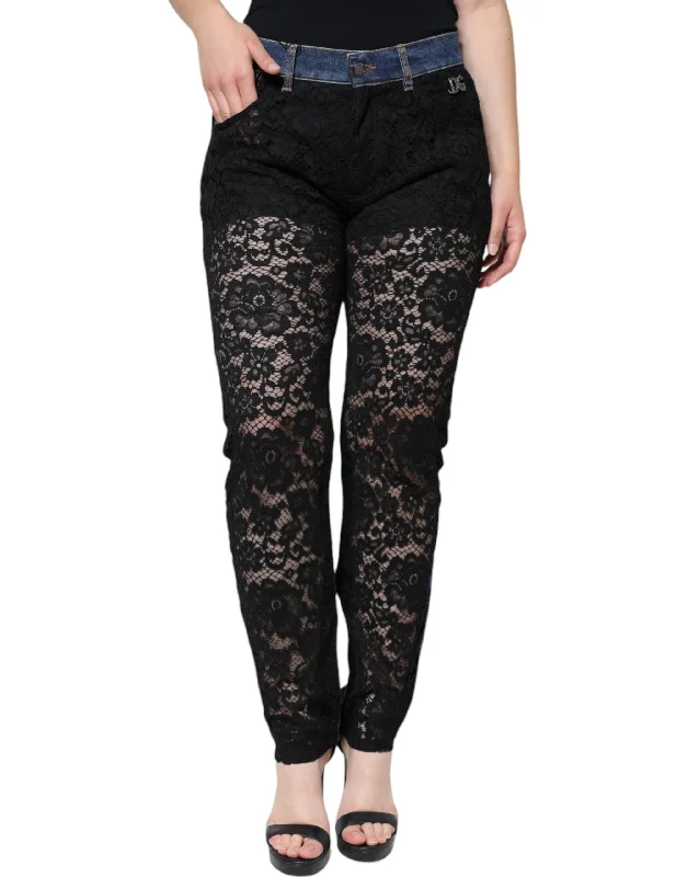 Dolce & Gabbana Black Floral Lace Front Skinny Denim Jeans Chic Rolled Cuff Denim Jeans