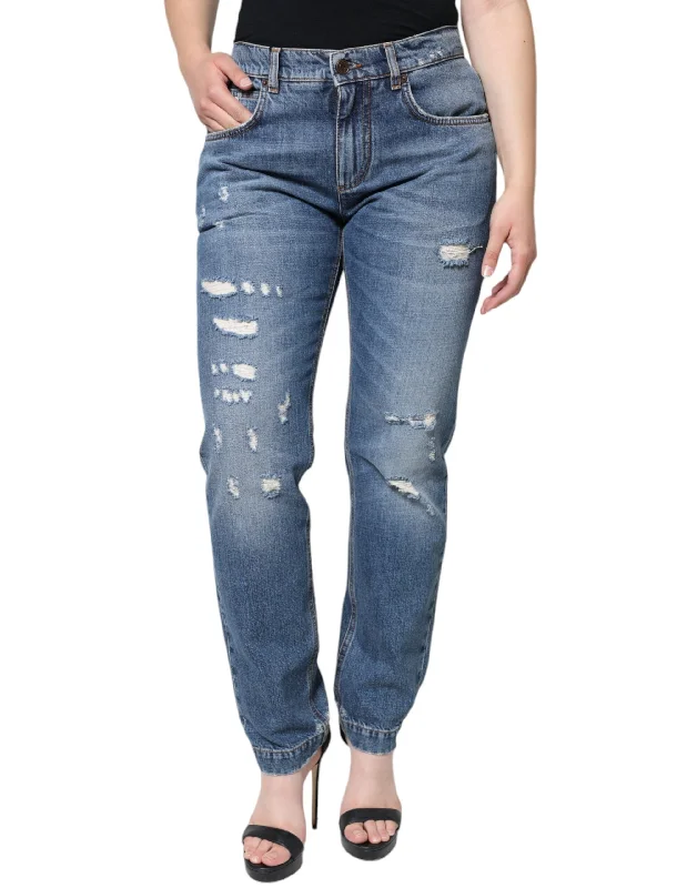 Dolce & Gabbana Blue Cotton Tattered Boyfriend Denim Jeans Stylish Cargo Style Jeans