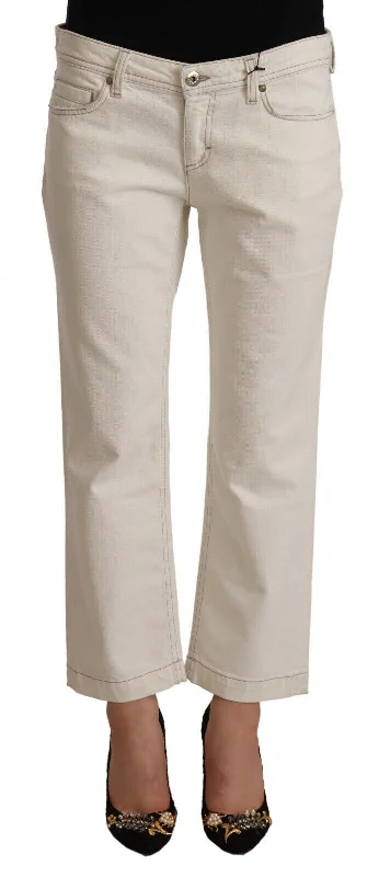 Chic Off-white Cropped Jeans - Fashionista Must-have Comfortable Zip-Fly Denim Jeans