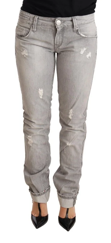 Chic Slim Fit Tattered Gray Wash Jeans Trendy Layered Pocket Jeans