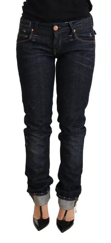 Elegant Low Waist Skinny Dark Blue Jeans Elegant Tapered Leg Denim