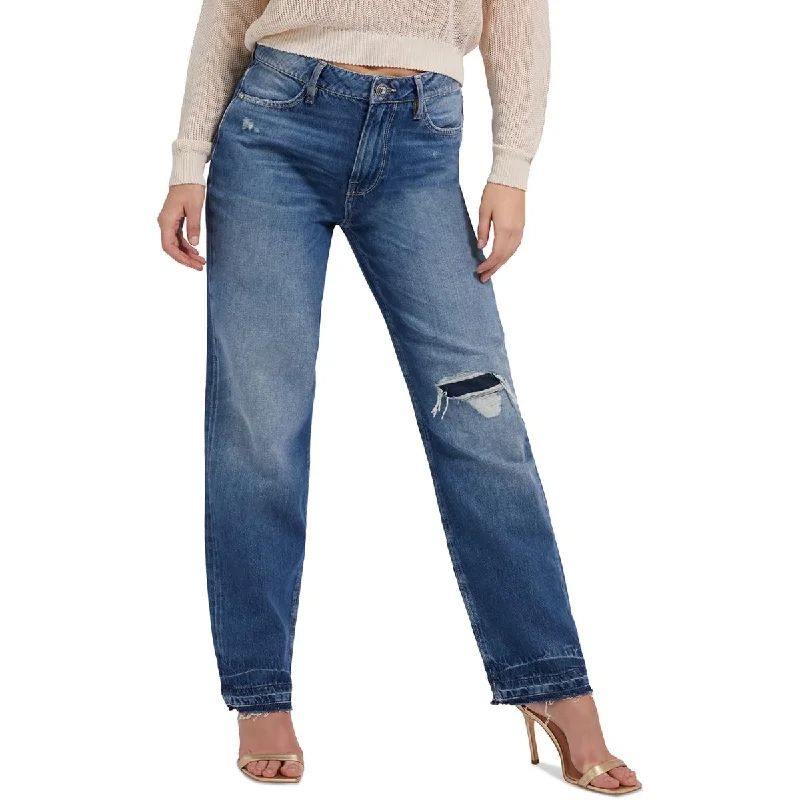 Guess Womens HOLLYWOOD High Rise Distressed Straight Leg Jeans Fashionable White Denim Jeans