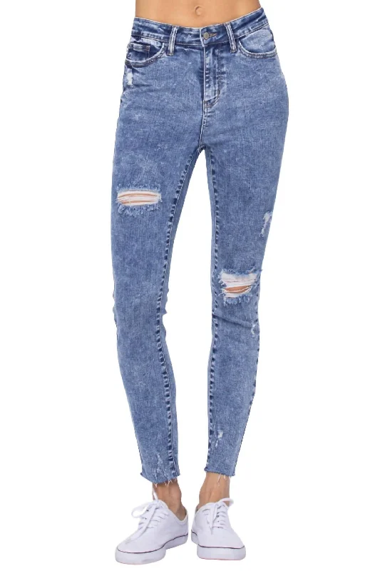 High Rise Destroyed Skinny Jean In Acid Wash Stylish Stone-Wash Denim Jeans