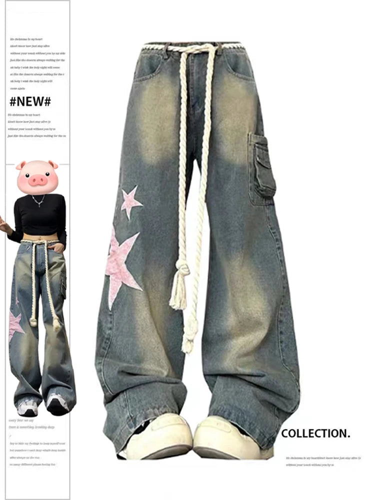 Women Baggy Star Jeans Vintage Harajuku Oversize High Waist Denim Trouser Elegant Wide-Leg Jeans