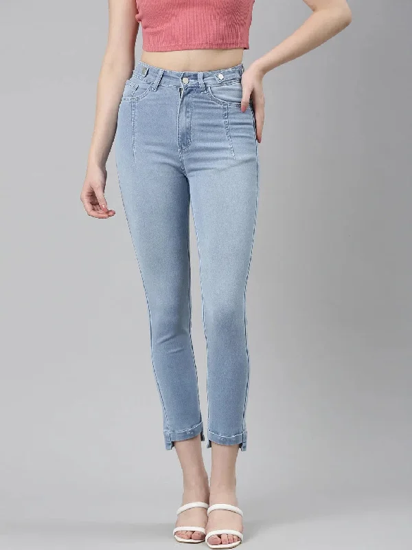 Women Blue Solid Mom Fit Denim Jeans-GZ-5526-Blue Chic Double Waistband Jeans