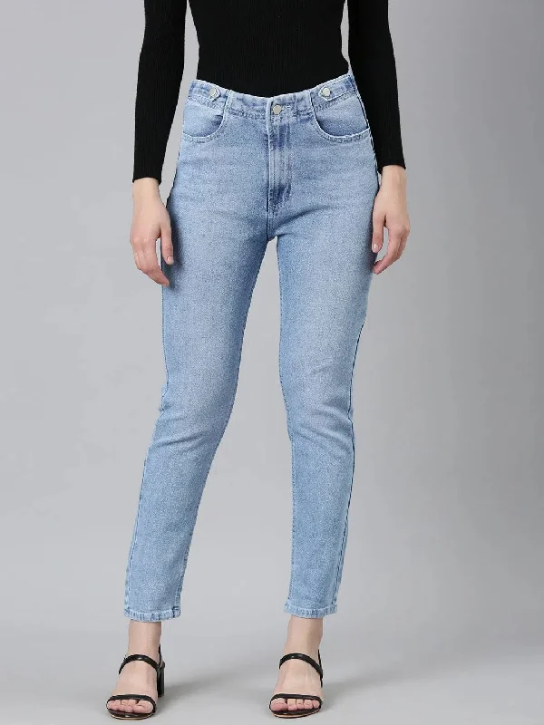 Women Blue Solid Regular Fit Denim Jeans-GZ-5529-Blue Trendy Bootcut High-Waisted Jeans