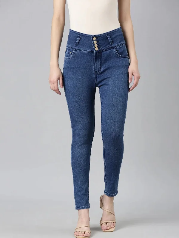 Women Blue Solid Skinny Fit Denim Jeans-GZ-5454-Blue Trendy Bootcut High-Waisted Jeans