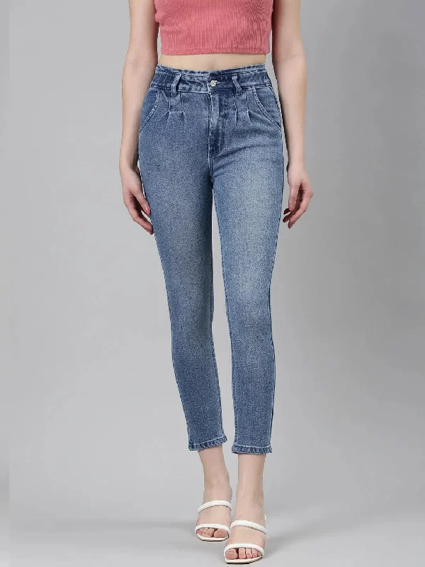 Women Blue Solid Slim Fit Denim Jeans-GZ-5501-Blue Trendy Flared Leg Jeans