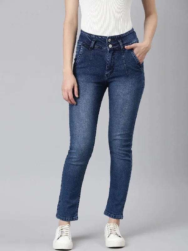 Women Blue Solid Slim Fit Denim Jeans-GZ-5547-2-Blue Chic Double Waistband Jeans