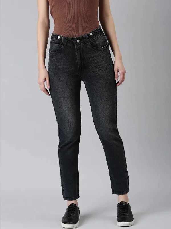 Women Charcoal Solid Regular Fit Denim Jeans-GZ-5529-Charcoal Elegant High-Waisted Flared Jeans