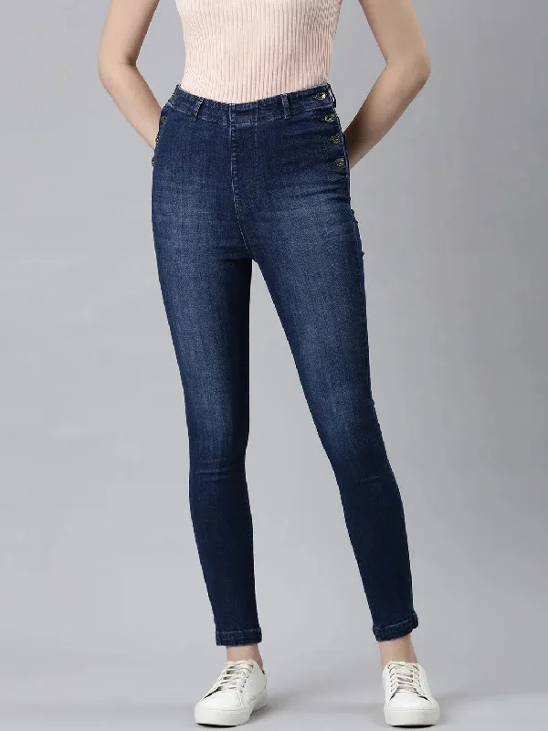 Women Navy Blue Solid Skinny Fit Denim Jeans-IM-10342-Navyblue Trendy Paperbag Waist Jeans