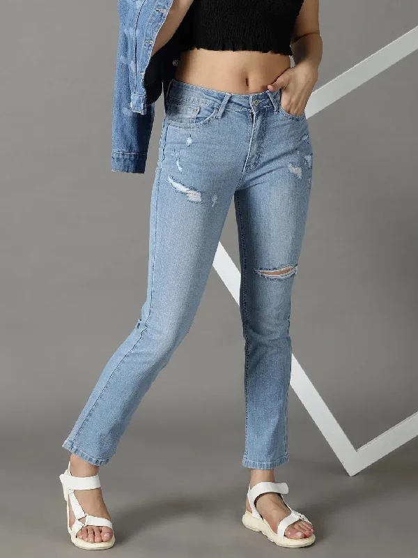 Women's Blue Solid Relaxed Fit Denim Jeans-GZ-5324-1-Blue Fashionable Vintage Wash Jeans