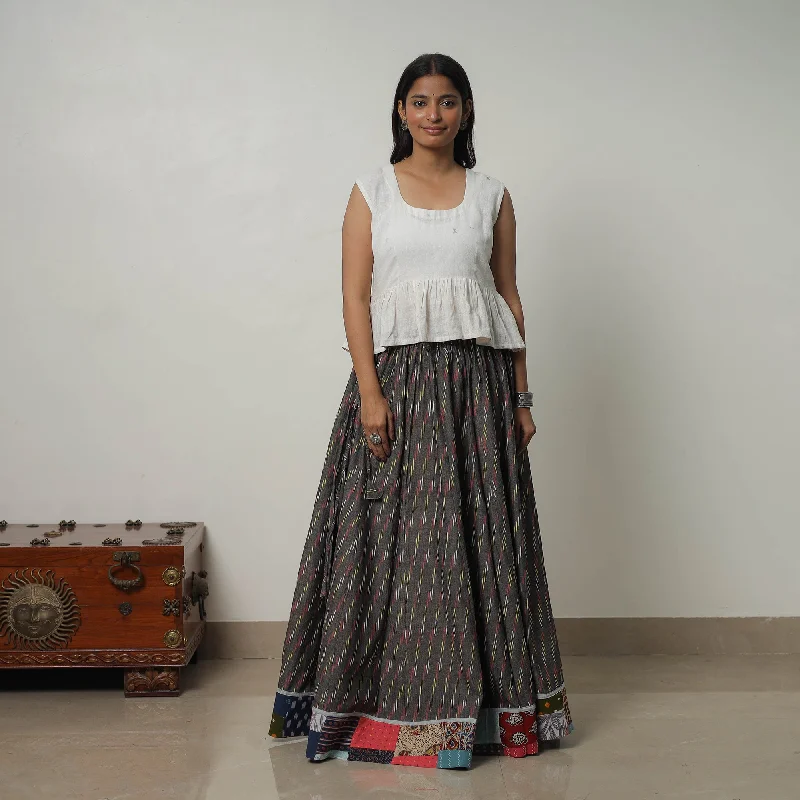 Black - 24 Kali Cotton Pochampally Ikat Skirt with Border 32 silk skirt luxurious