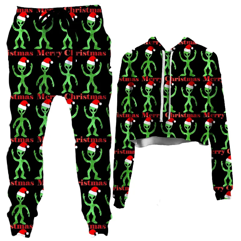 Alien Christmas Crop Hoodie and Joggers Combo Hoodie with Ribbed Neckline Snug Warm