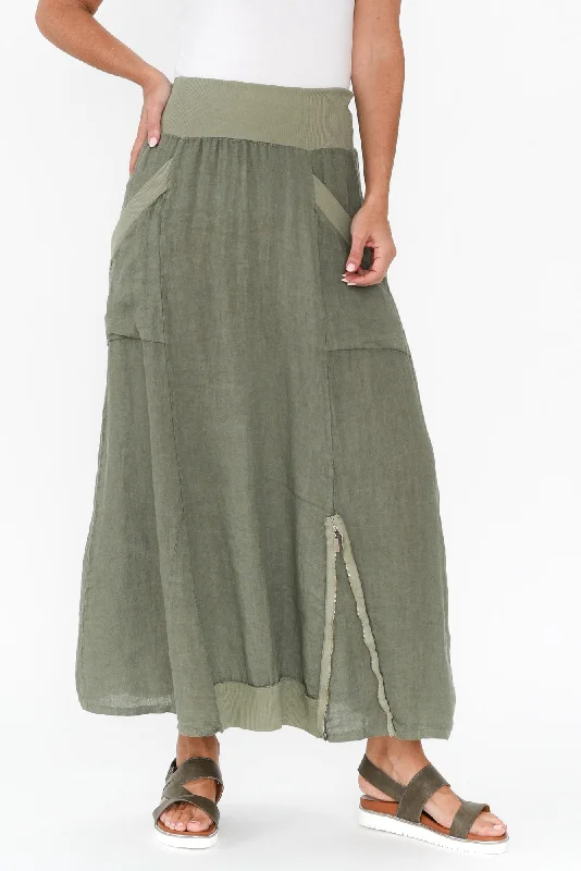 Ani Khaki Linen Pocket Maxi Skirt denim skirt stylish