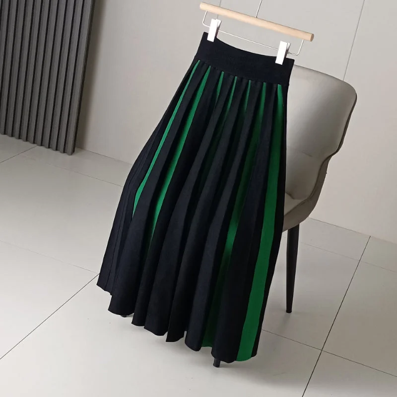 Autumn and Winter Thick Color Block Pleated Skirt velvet skirt rich