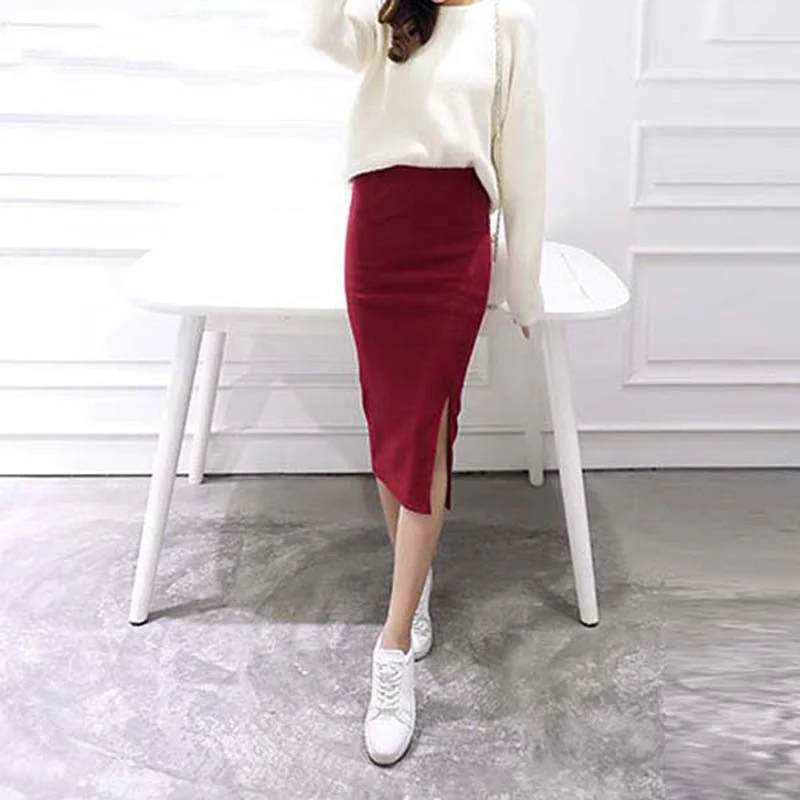 Autumn Winter Bodycon Skirt Women Stretchable Split Skirt Mid Calf Slim Pencil Skirts For Women Female Knit Skirt chiffon skirt delicate