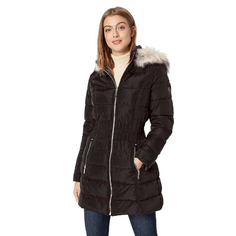 Laundry by Shelli Segal Black Cinch Waist Puffer Hooded Coat Hoodie with Button Classic Timeless