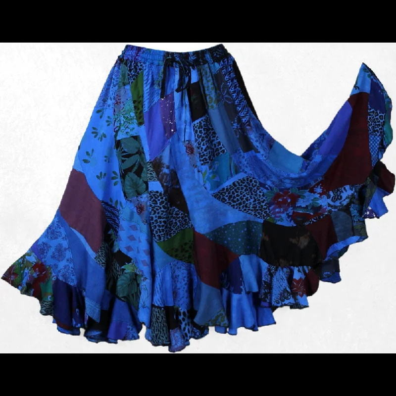 Blue Patchwork Long Swirl Skirt mini skirt trendy